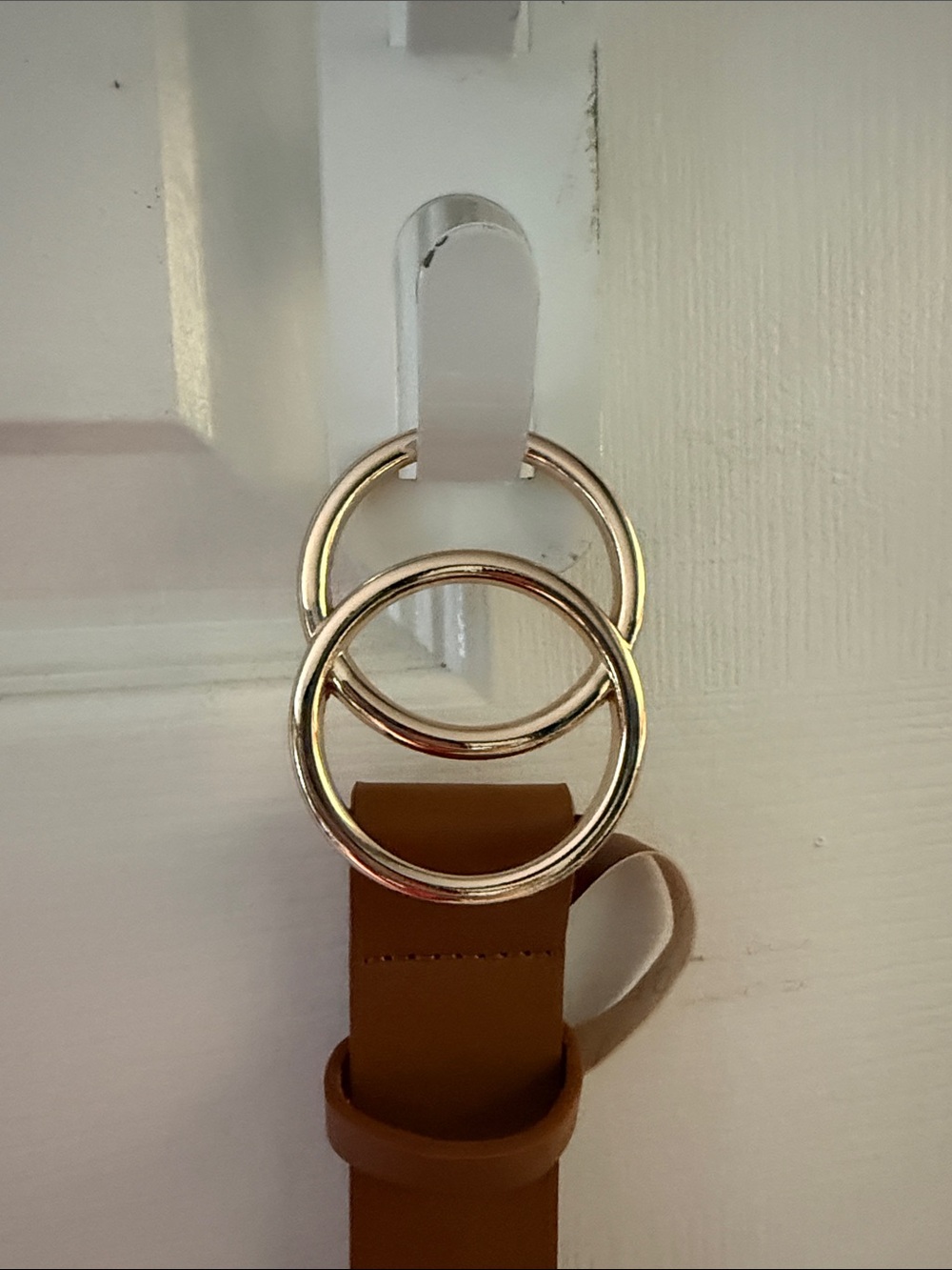 Women's Tan Pleather Belt with Double Gold Rings